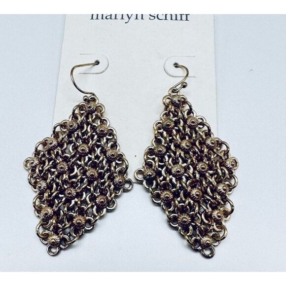 Marilyn Schiff 2" Pierced Earrings Gold Tone Mesh Diamond Shape Dangles New - Picture 2 of 9